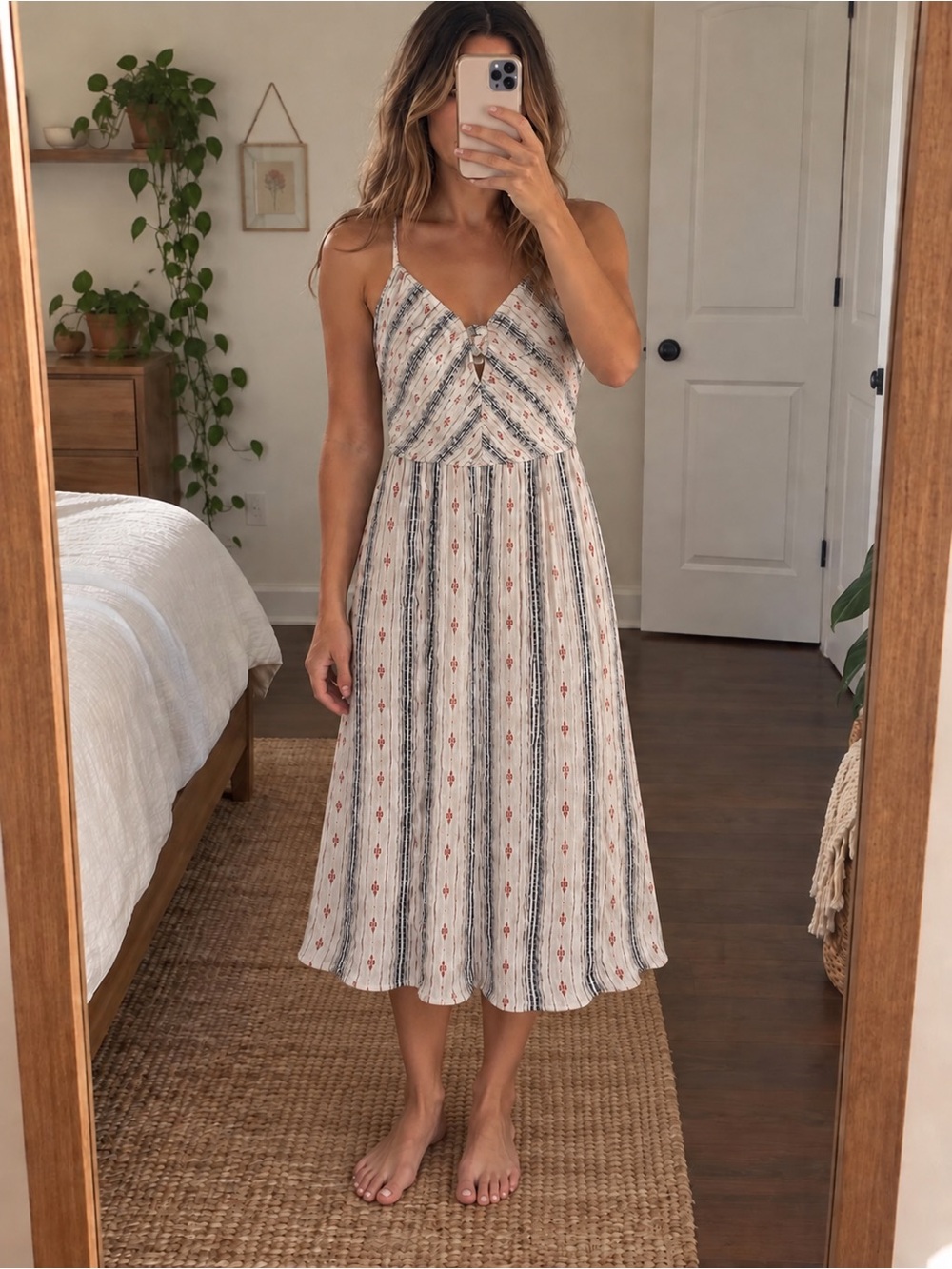 Boho Stripe Midi Dress in Cream with Rust Accents